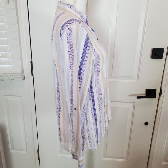 Chico's Button Up Shirt Size 0 US Small Lightweight White Blue Tan Stripes Coast - Picture 3 of 13